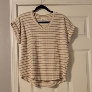 Maurices Cream and Gray Striped V-Neck Tee